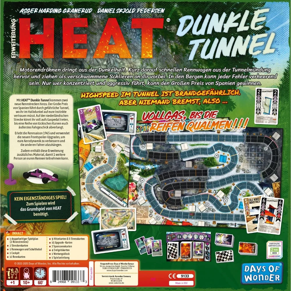Rückseite der Spielverpackung von Heat – Dunkle Tunnel mit Beschreibung und Komponentenliste