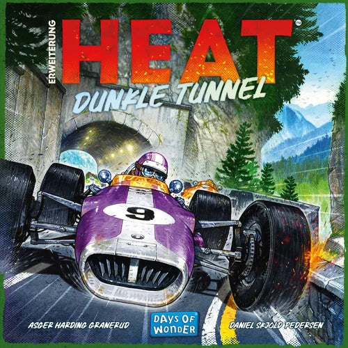 Spielebox der Erweiterung Heat – Dunkle Tunnel für das Brettspiel Heat: Pedal to the Metal, Vorderseite mit Rennmotiv